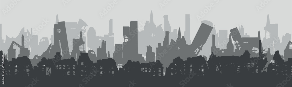 Silhouette of a destroyed city. Collapsed
ruined houses. Vector