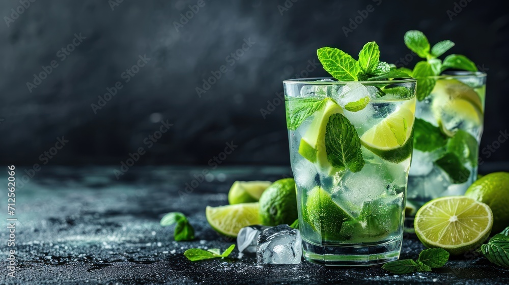 a glass of mojito with limes and mint on a dark background with ice cubes and mints. a glass of mojito with limes and mint on a dark background with ice cubes and mints.