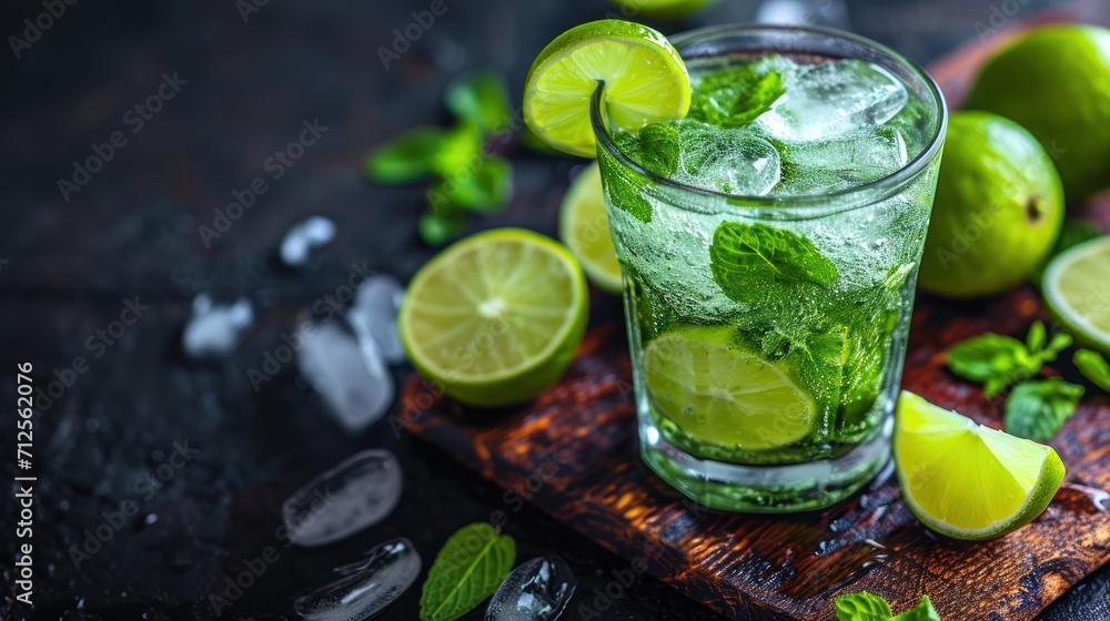 a glass of mojito tea with limes and mints on a cutting board with ice cubes. a glass of mojito tea with limes and mints on a cutting board with ice cubes.