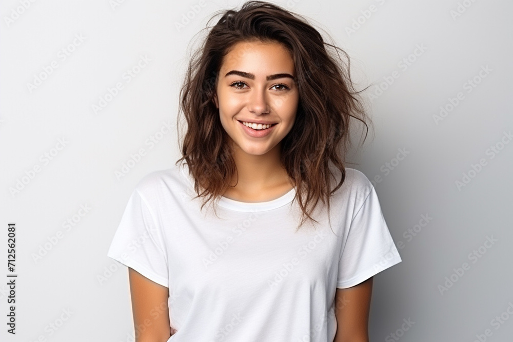 Happy woman with white shirt created with Generative AI Happy woman with white shirt created with Generative AI