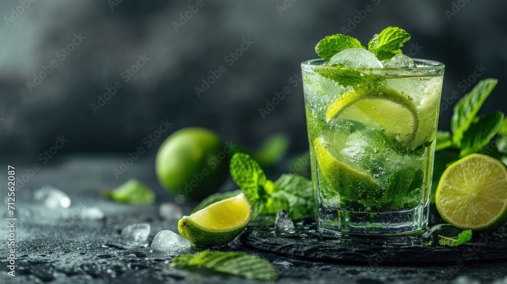 a glass of mojito with limes and mint on a dark background with ice and limes around it. a glass of mojito with limes and mint on a dark background with ice and limes around it.