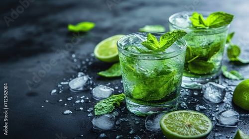  two glasses of mojito with limes and mints on a black surface with ice and water droplets.