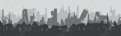 Stampa su tela Silhouette of a destroyed city. Collapsed
ruined houses. Vector