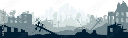 Silhouette of a destroyed city. Collapsed
ruined houses. Vector