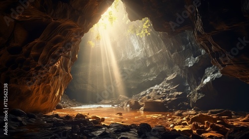 beautiful hidden cave with a small pool of water and a ray of sun entering in high resolution and quality