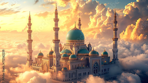 Mosque in the sky. Ramadan Kareem background banner. Islamic holiday.