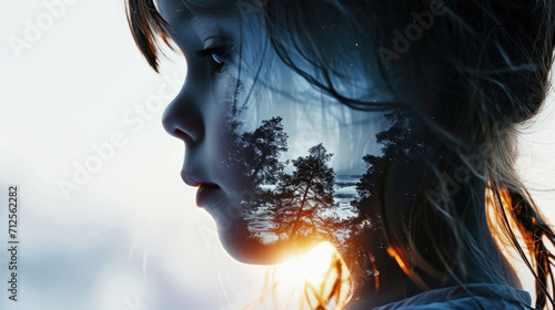 Little girl profile with imaginary world, dreams in her head, double exposure photo