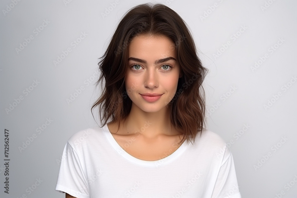 Happy woman with white shirt created with Generative AI Happy woman with white shirt created with Generative AI