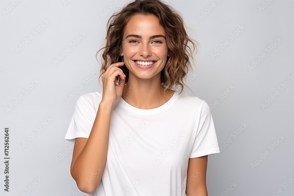 Happy woman with white shirt created with Generative AI Happy woman with white shirt created with Generative AI