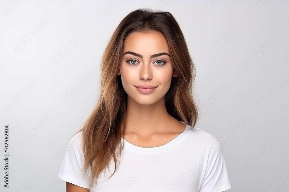 Happy woman with white shirt created with Generative AI Happy woman with white shirt created with Generative AI