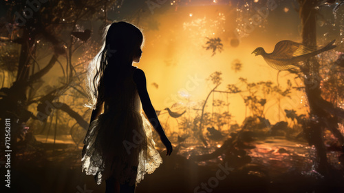 Little girl silhouette with imaginary world, dreams in her head © dvoevnore