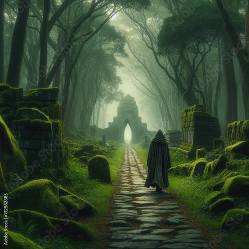 Wandering through the Enchanted Forest  A Mystical Journey along Stone Ruins and Green Pathways
