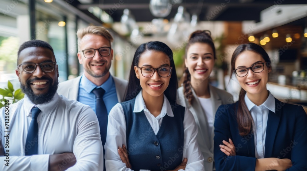 Fototapeta premium Group Portrait of successful smiling businessmen, multi ethnic business team standing and looking at camera.