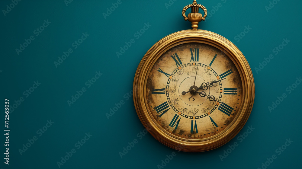 Antique clock on wooden background, New Year's Eve concept. Vintage golden clock on a blue background, Vintage golden clock on a blue background, Ai generated image Antique clock on wooden background, New Year's Eve concept. Vintage golden clock on a blue background, Vintage golden clock on a blue background, Ai generated image