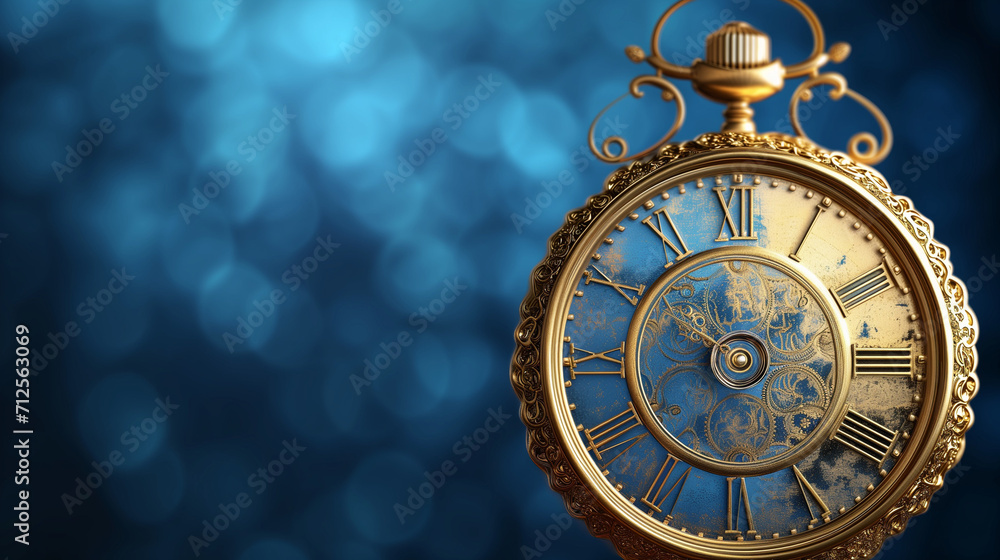Antique clock on the wall, Retro clock, five to twelve, blue background, New Year's Eve concept. Vintage golden clock on a blue background, Vintage golden clock on a blue background, Ai generated