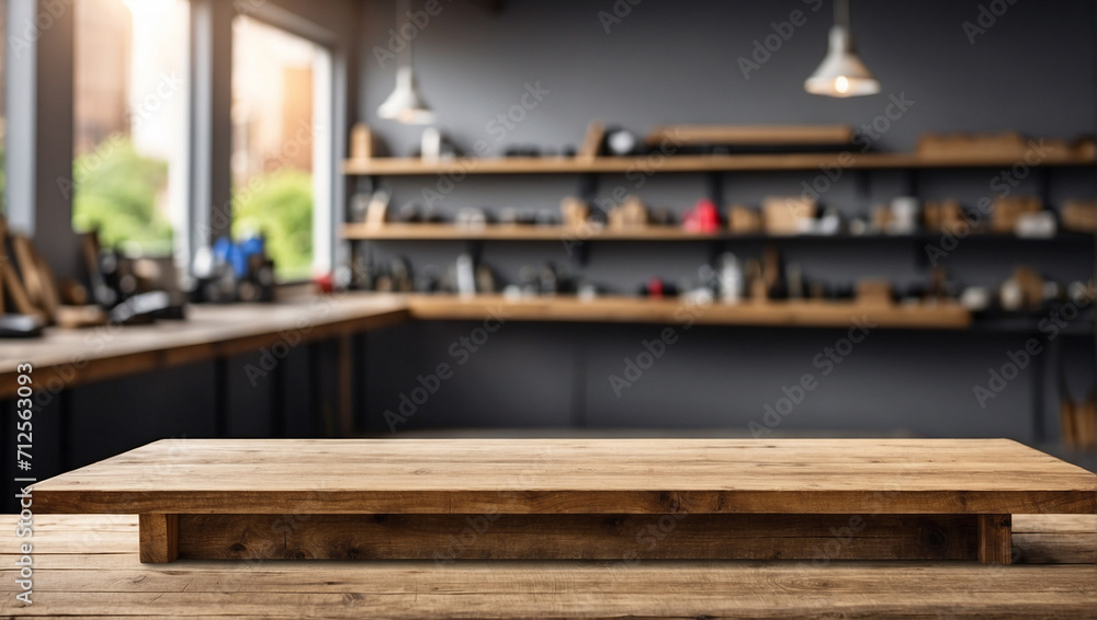 Empty wooden table for product display with blurry work space background Empty wooden table for product display with blurry work space background