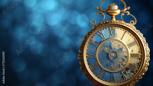 Antique clock on the wall, Retro clock, five to twelve, blue background, New Year's Eve concept. Vintage golden clock on a blue background, Vintage golden clock on a blue background, Ai generated