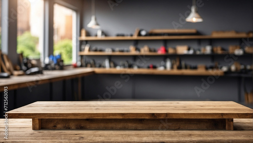 Empty wooden table for product display with blurry work space background
