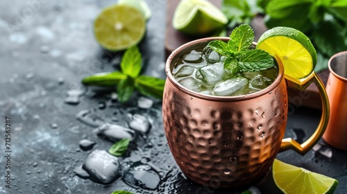  a copper mug with a mint and lime garnish next to a copper mug with a lime and mint garnish.