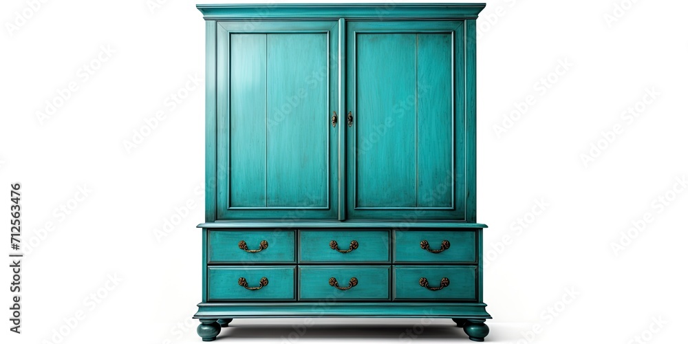 Fototapeta premium Vintage blue dresser isolated on white. Ethnic antique cupboard. Clothing closet with vanity table.