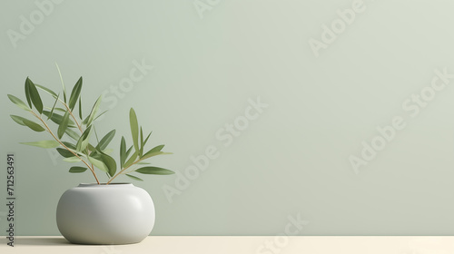 3d rendering of a vase with olive branches against a green wall
