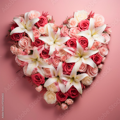 heart-shaped background of fresh white lilies, red and pink roses on a soft pink background symbolizing love, affection and romantic celebration. Valentine's Day, anniversary, wedding, gesture of love © stateronz