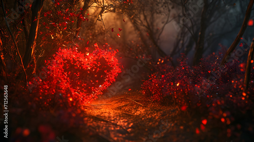 A lone tree stands illuminated by the warm glow of a fire, its heart-shaped leaves a vibrant red against the dark night, a beautiful contrast between nature and light