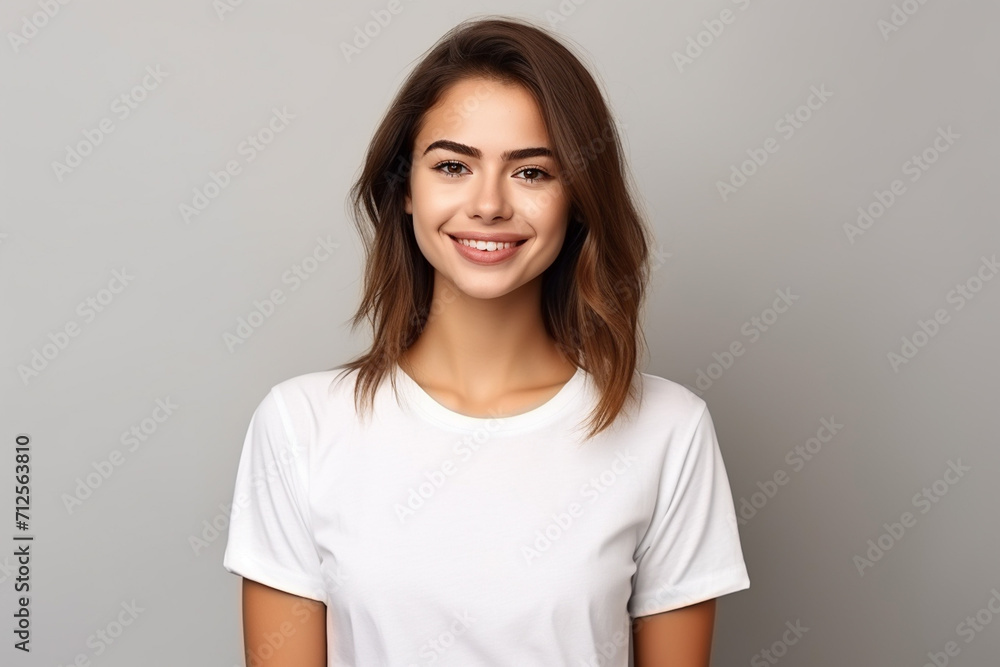 Happy woman with white shirt created with Generative AI Happy woman with white shirt created with Generative AI