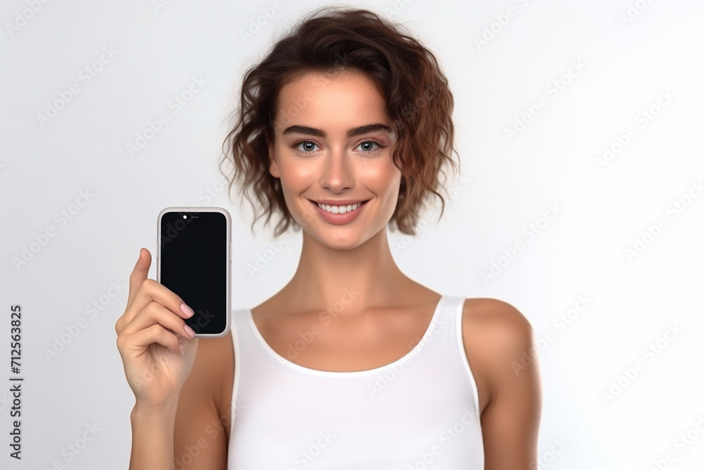 Happy woman with white shirt created with Generative AI Happy woman with white shirt created with Generative AI