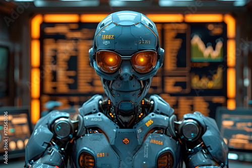 A cyborg sits at a desk in a high-tech luxurious office. Background is blurred many screens. It indicates that world systems such as the economy or finance sometimes it can be controlled by computer.