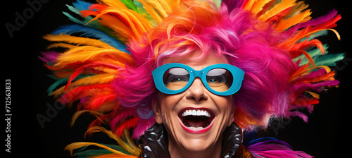 a granny funny old woman with colorful feathers and wig smiling