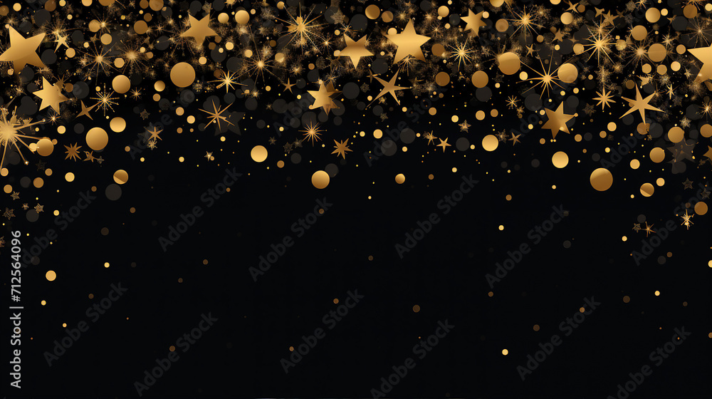 Elegant Christmas Background with Vector Illustration of Christmas Ball, Star, and Snowflake in Gold and Black Colors - Festive Holiday Celebration Design with Copy-Space for Text and Promotional