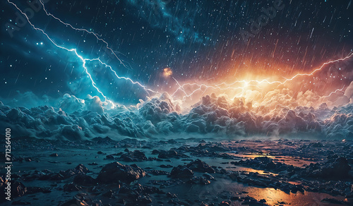 A planet with a dark sea and rocky landscape is illuminated by a double lightning bolt in the sky. The sea reflects the orange light of the bolt on the right