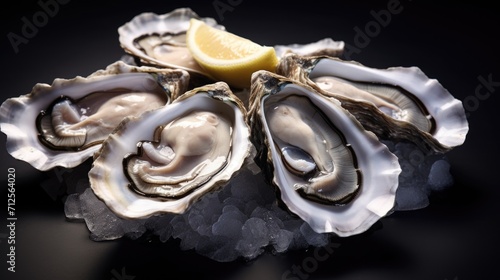 Fresh oysters served on ice with lemon, copy space