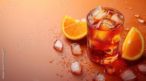  a glass of iced tea with orange slices and ice cubes on an orange background with drops of water on the glass.