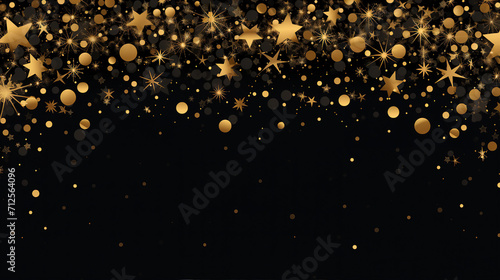 Elegant Christmas Background with Vector Illustration of Christmas Ball, Star, and Snowflake in Gold and Black Colors - Festive Holiday Celebration Design with Copy-Space for Text and Promotional