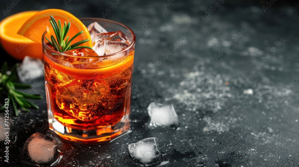 a close up of a drink in a glass with an orange slice and rosemary garnish on the rim. a close up of a drink in a glass with an orange slice and rosemary garnish on the rim.