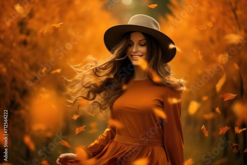 Happy woman in hat and red hair smiling as yellowing leaves fall. Eyes down view Autumn concept.