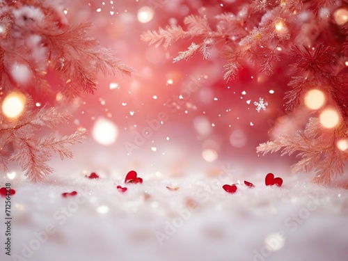 red, pink and white Christmas background with snowflakes and hearts for Valentine's Day