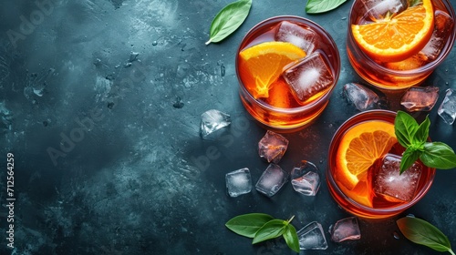  three glasses of orange juice with ice and green leaves on a dark surface with ice cubes on the side.