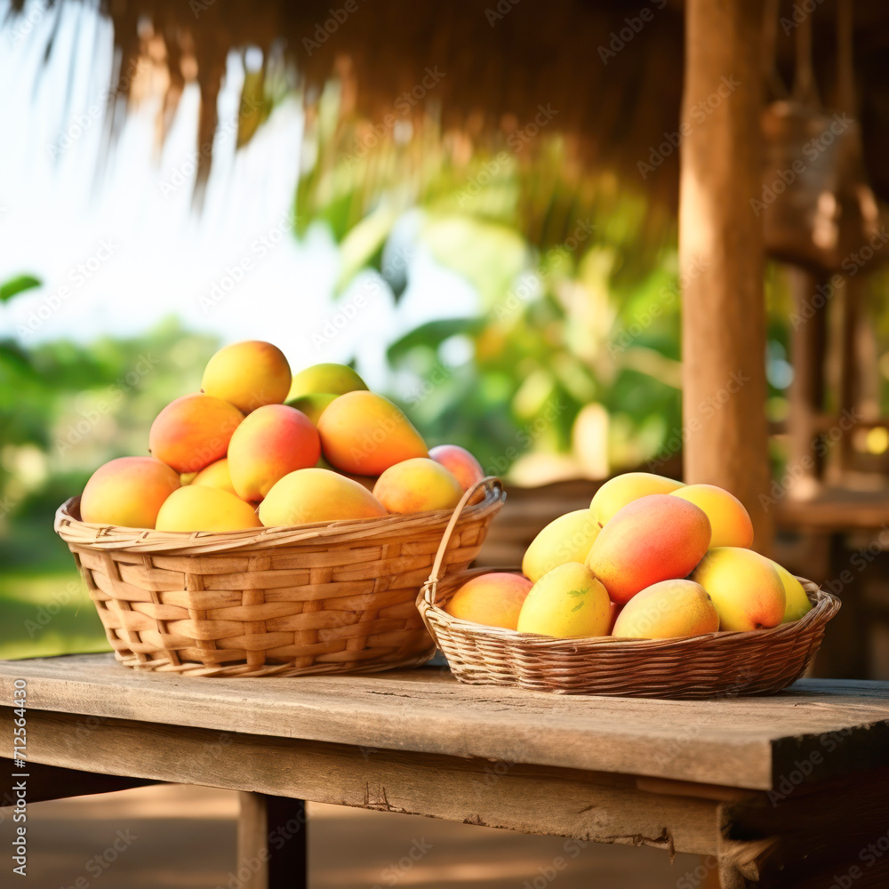 Fresh and juicy mangoes in the wooden basket