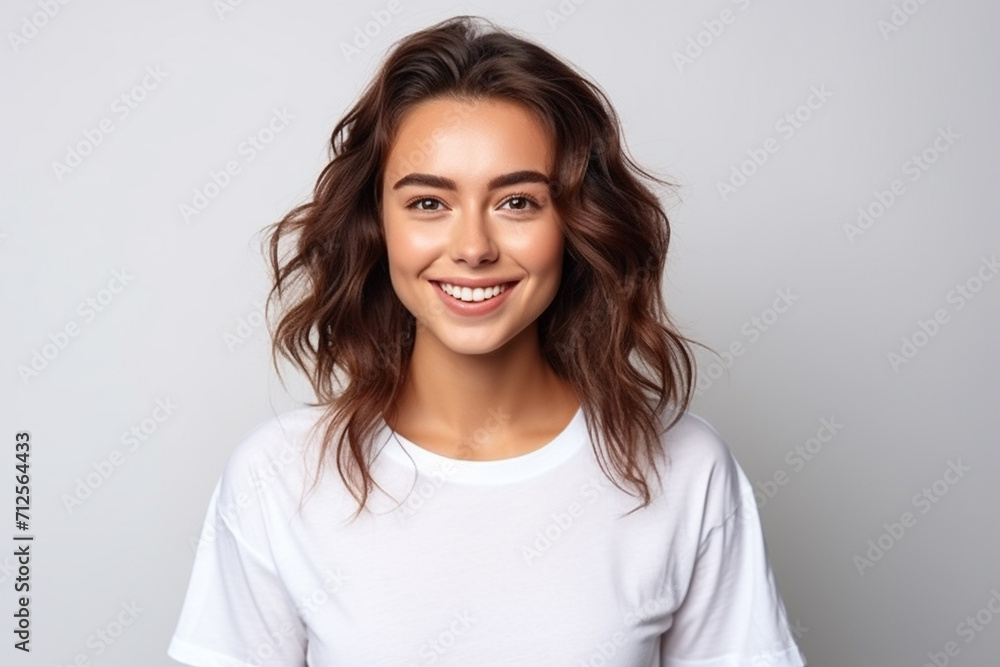 Happy woman with white shirt created with Generative AI Happy woman with white shirt created with Generative AI
