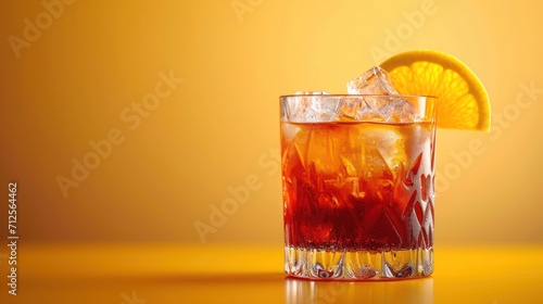  a close up of a drink in a glass with a slice of an orange on the rim of the glass.
