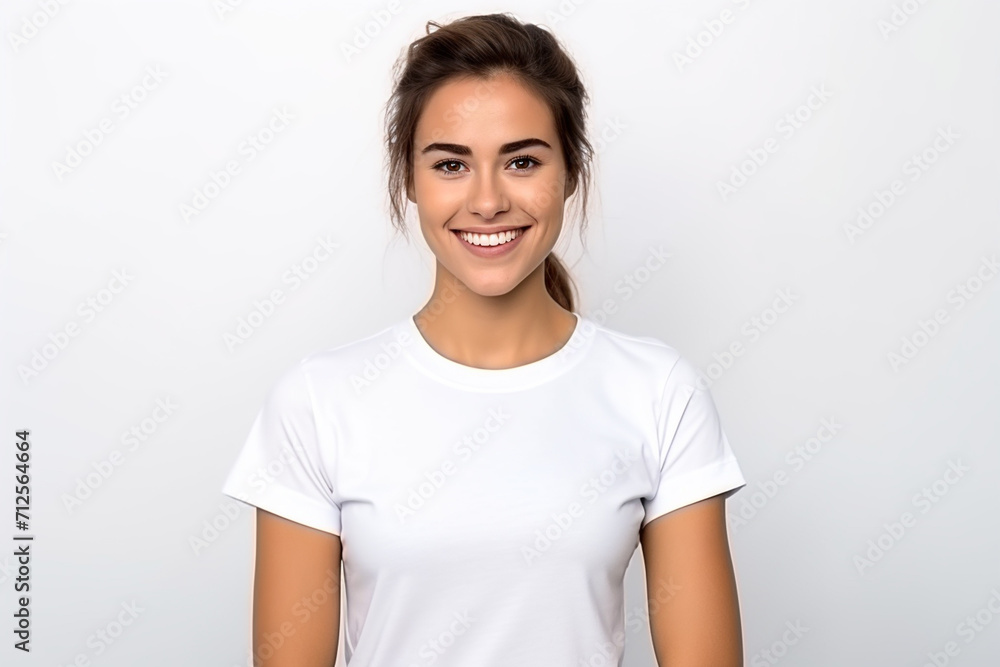 Happy woman with white shirt created with Generative AI Happy woman with white shirt created with Generative AI