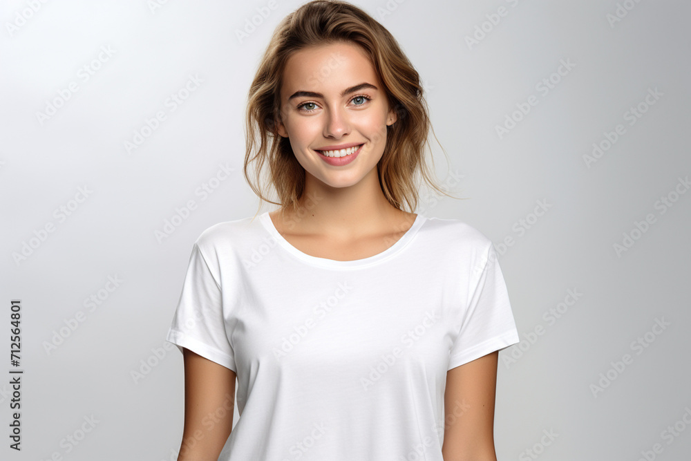 Happy woman with white shirt created with Generative AI Happy woman with white shirt created with Generative AI