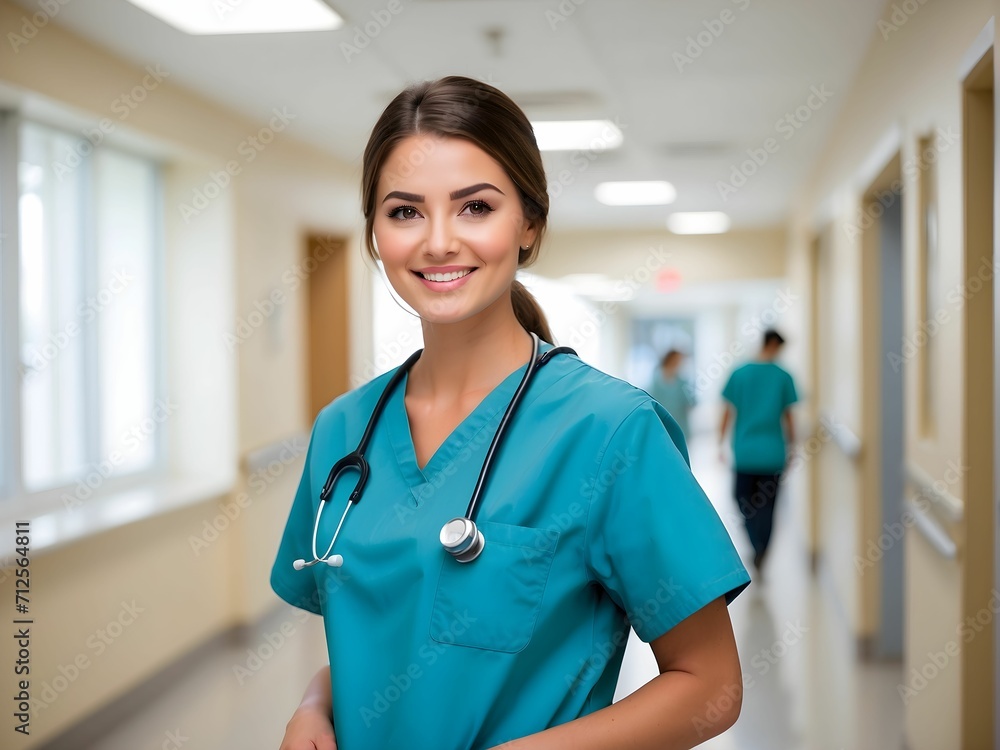High-quality photo of a young nursing student standing in the hospital, dressed in scrubs. generative AI High-quality photo of a young nursing student standing in the hospital, dressed in scrubs. generative AI