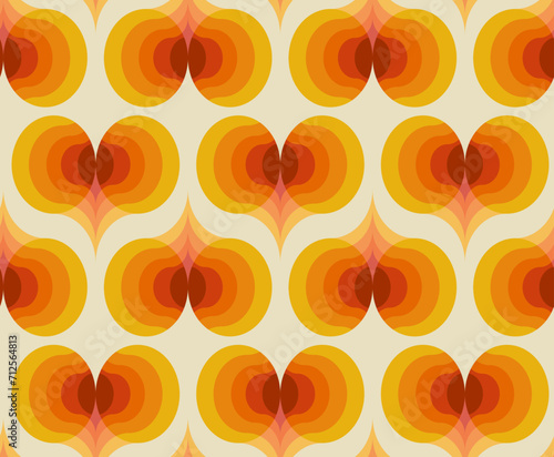 1970 Trippy Psychedelic Hearts Seamless Pattern on Orange, Red Colors. Hand-Drawn Vector Illustration. Seventies Style, Groovy Background, Wallpaper, Print. Flat Design, Hippie Aesthetic.