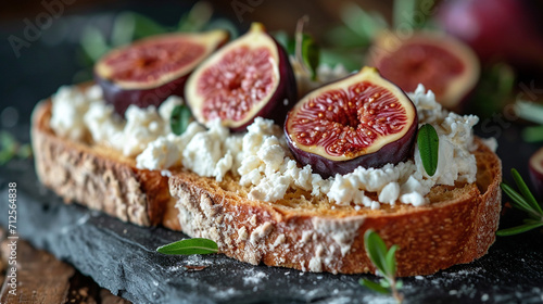 A piece of fried sourdough bread with ricotta cheese and figs, beautifully presented. French cuisine. Unusual background. photo