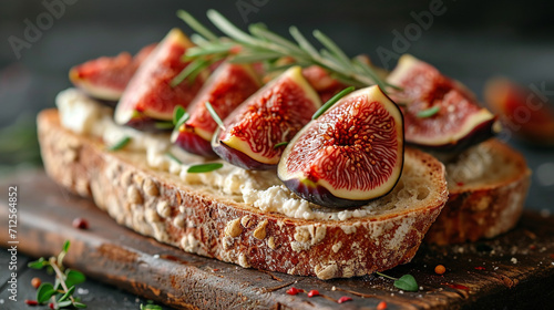 A piece of fried sourdough bread with ricotta cheese and figs, beautifully presented. French cuisine. Unusual background.