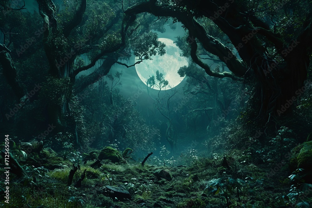 Mystical forest bathed in soft moonlight, inhabited by fantastical woodland beings, an enchanting nocturnal scene where magical creatures thrive in a mystical woodland realm.